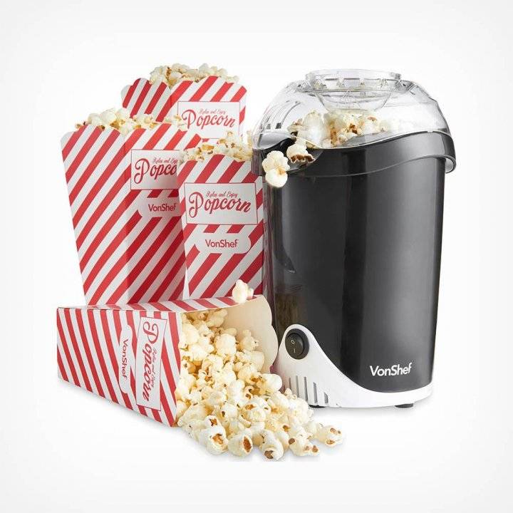 Rather dull celebration Aparat de facut popcorn, cu aer cald VonShef 2013036, 4 cutii de popcorn  incluse si cupa