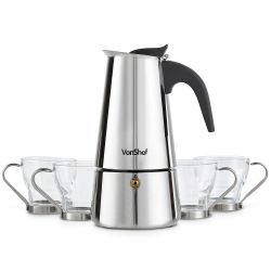Set Ibric Espresso pt Cafea VonShef 1000124, Capacitate 6 cesti Corp Inox, 4 Cesti de Sticla incluse