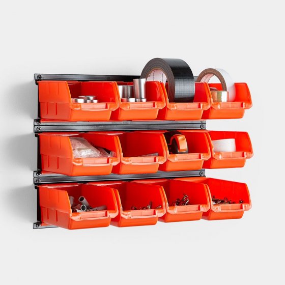 Organizator de perete cu 12 containere fabricate din plastic rezistent Vonhaus 3500258, capacitate container 1.5kg, negru si portocaliu