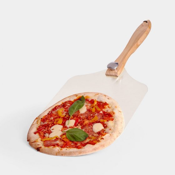 Paleta pentru pizza din aluminiu VonShef 1000383, maner pliabil din lemn, sfoara pentru agatat