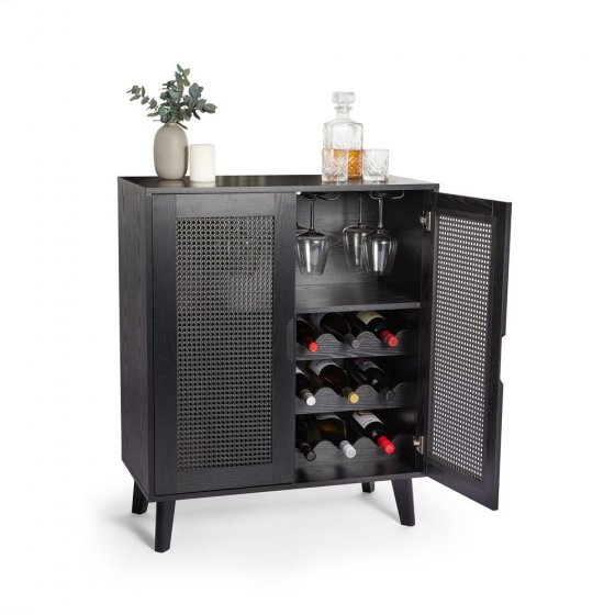 Bar pentru sticlele de vin, cu 2 usi Spinningfield 3000790, din MDF cu aspect de lemn negru si ratan, capacitate de 12 sticle si 12 pahare, negru