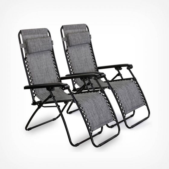 Set 2 scaune pliante pentru exterior VonShef 2522036, rame din otel si tesatura de culoare gri, perna de cap detasabila