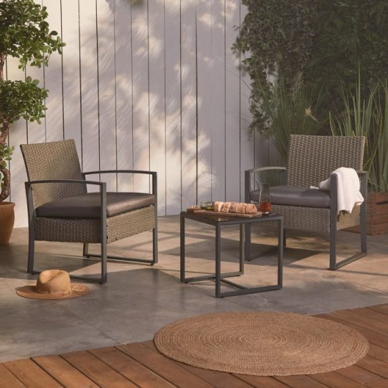 Set 2 scaune si masa cu aspect de ratan VonHaus 2500519, din polietilena, gri