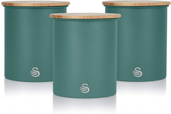 Set 3 cutii de depozitare bucatarie Swan SWKA17513GREN, din otel carbonic, capacitate 1.8L, capac din bambus, culoare verde