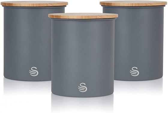 Set 3 cutii de depozitare bucatarie Swan SWKA17513GRYN, din otel carbonic, capacitate 1.8L, capac din bambus, culoare gri
