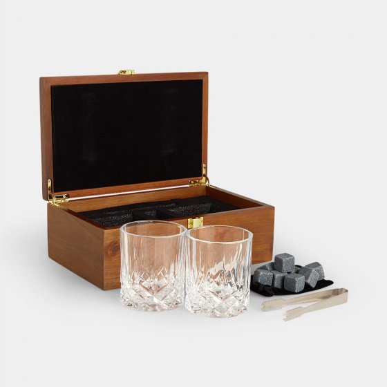 Set de whisky cadou, cu cutie, 2 pahare, cleste de gheata si pietre de granit pentru congelator VonShef 1000252
