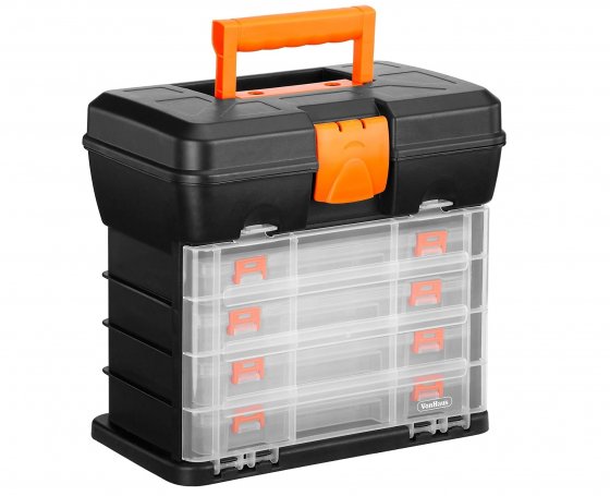 Trusa de transport si depozitare scule si accesorii VonHaus 3515111, 4 sertare transparente cu capac si cleme de prindere, din plastic, culoare negru, portocaliu
