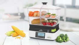 Aparat de gatit cu aburi ETA Calderon II 1134, Capacitate 11 L, Putere 1800 W, 6 programe automate, vase detasabile, afisaj LCD