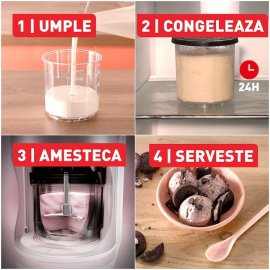 Aparat de inghetata Tefal Dolci IG602AE0, 10 programe, capacitate 3 x 0.46L, recipiente din tritan, tehnologia unica 1-Step Perfector, program curatare automata, program Auto Mix-In, crem