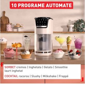 Aparat de inghetata Tefal Dolci IG602AE0, 10 programe, capacitate 3 x 0.46L, recipiente din tritan, tehnologia unica 1-Step Perfector, program curatare automata, program Auto Mix-In, crem