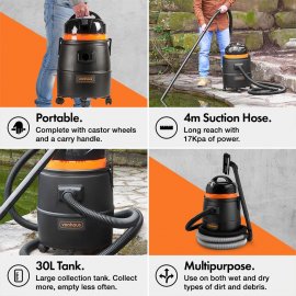 Aspirator umed-uscat pentru gradina Vonhaus 3500364, putere 1400W, aspiratie 17Kpa, rezervor 30L, accesorii incluse, furtun de 4 m