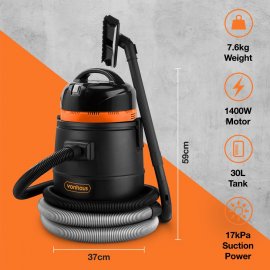 Aspirator umed-uscat pentru gradina Vonhaus 3500364, putere 1400W, aspiratie 17Kpa, rezervor 30L, accesorii incluse, furtun de 4 m
