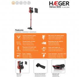 Aspirator Vertical si de Mana cu Fir HAEGER Venus 2in1, Ultra Usor, Fara Sac, 600W, Putere 18,5 Kpa, 0.6L, Filtru HEPA, Ciclonic, Tub Inox, Cablu 5m, Usor de Manevrat, VC-600.048A