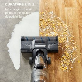 Aspirator vertical fara fir cu aspirare umeda & uscata Rowenta X-Clean 4 GZ5037WO, 200W, 425 RPM, pana la 50 min autonomie, ecran LED, functie autocuratare, gri & negru