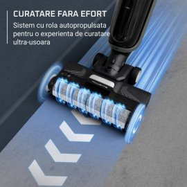 Aspirator vertical fara fir cu aspirare umeda & uscata Rowenta X-Clean 4 GZ5037WO, 200W, 425 RPM, pana la 50 min autonomie, ecran LED, functie autocuratare, gri & negru