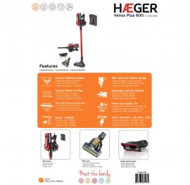 Aspirator Vertical si de Mana cu Fir Ultra Usor HAEGER Venus Plus, 2in1, Fara Sac, 600W, Putere 18,5 Kpa, 0.6L, Perie Rotativa cu Led, Filtru HEPA, Ciclonic, Tub Aluminiu, Cablu 5m, VC-600.047A