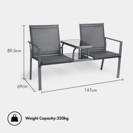 Banca de exterior cu 2 locuri si masa VonHaus 2500894, cadru din otel si masa din sticla calita, greutate maxima 220kg, gri