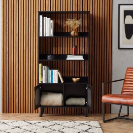 Biblioteca living Spinningfield 3000794, cu 3 rafuri si 2 usi cu aspect de ratan, din MDF cu finisaj de lemn negru, capacitate raft 5kg, negru