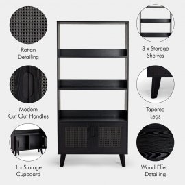 Biblioteca living Spinningfield 3000794, cu 3 rafuri si 2 usi cu aspect de ratan, din MDF cu finisaj de lemn negru, capacitate raft 5kg, negru