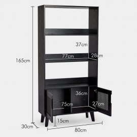 Biblioteca living Spinningfield 3000794, cu 3 rafuri si 2 usi cu aspect de ratan, din MDF cu finisaj de lemn negru, capacitate raft 5kg, negru