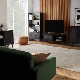 Biblioteca living Spinningfield 3000794, cu 3 rafuri si 2 usi cu aspect de ratan, din MDF cu finisaj de lemn negru, capacitate raft 5kg, negru