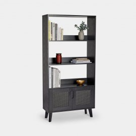Biblioteca living Spinningfield 3000794, cu 3 rafuri si 2 usi cu aspect de ratan, din MDF cu finisaj de lemn negru, capacitate raft 5kg, negru