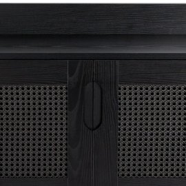 Biblioteca living Spinningfield 3000794, cu 3 rafuri si 2 usi cu aspect de ratan, din MDF cu finisaj de lemn negru, capacitate raft 5kg, negru