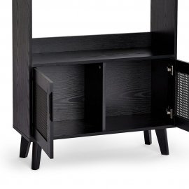 Biblioteca living Spinningfield 3000794, cu 3 rafuri si 2 usi cu aspect de ratan, din MDF cu finisaj de lemn negru, capacitate raft 5kg, negru