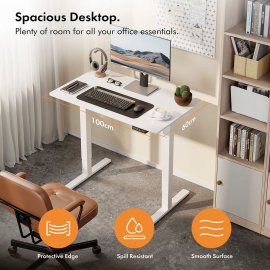 Birou Electric Reglabil pe Inaltime VonHaus 3000844, Dimensiuni 100x60cm, Extrem de Rezistent, Porturi USB, Otel, MDF PB si Plastic, Finisaj Alb