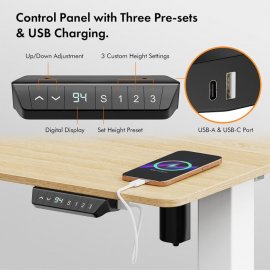 Birou Electric Reglabil pe Inaltime VonHaus 3000849, Dimensiuni 120x60cm, Extrem de Rezistent, Porturi USB, Otel, MDF PB si Plastic, Finisaj Artar