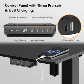 Birou Electric Reglabil pe Inaltime VonHaus 3000850, Dimensiuni 120x60cm, Extrem de Rezistent, Porturi USB, Otel, MDF PB si Plastic, Finisaj Negru