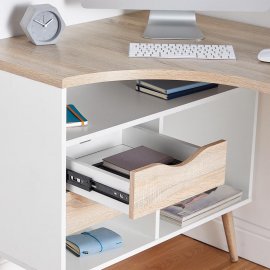 Birou in forma de L VonHaus 3000072, cu comoda de depozitare inferioara, capacitate maxima 40kg, cu aspect de lemn de stejar, culoare alb 