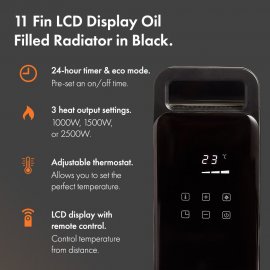 Calorifer electric, cu ulei, 11 elementi, putere 2500W, VonHaus 2500873, display LCD, cu telecomanda, termostat, din otel, culoare negru
