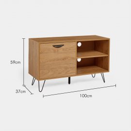 Comoda pentru televizor Capri VonHaus 3000513, din MDF cu aspect de lem de stejar, cu un raft si o usa, diagonala TV 55 inch, maro