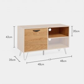 Comoda pentru televizor Capri VonHaus 3000513, din MDF cu aspect de lem de stejar, cu un raft si o usa, diagonala TV 55 inch, maro