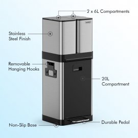 Cos de gunoi cu 3 compartimente VonShef 1500150, din otel inoxidabil, cu pedala si maner, Capacitate 32L, compartimente superioare 6L, argintiu