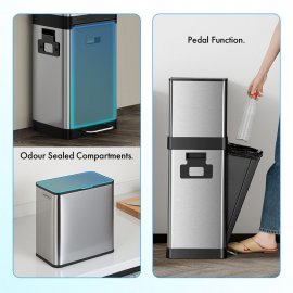 Cos de gunoi cu 3 compartimente VonShef 1500150, din otel inoxidabil, cu pedala si maner, Capacitate 32L, compartimente superioare 6L, argintiu