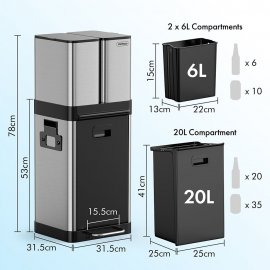 Cos de gunoi cu 3 compartimente VonShef 1500150, din otel inoxidabil, cu pedala si maner, Capacitate 32L, compartimente superioare 6L, argintiu