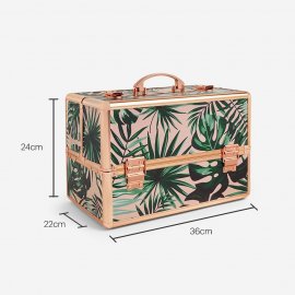 Cutie de machiaj si cosmetice Beautify 4000195, cu 3 niveluri si 12 separatoare, 16 sectiuni, din aluminiu cu model tropical