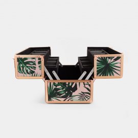Cutie de machiaj si cosmetice Beautify 4000195, cu 3 niveluri si 12 separatoare, 16 sectiuni, din aluminiu cu model tropical