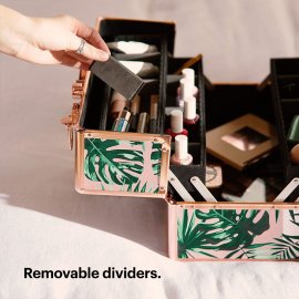 Cutie de machiaj si cosmetice Beautify 4000195, cu 3 niveluri si 12 separatoare, 16 sectiuni, din aluminiu cu model tropical