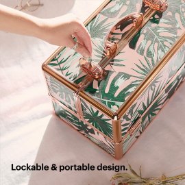 Cutie de machiaj si cosmetice Beautify 4000195, cu 3 niveluri si 12 separatoare, 16 sectiuni, din aluminiu cu model tropical