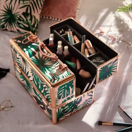 Cutie de machiaj si cosmetice Beautify 4010231, cu 4 niveluri, 12 separatoare si 16 compartimente, din PVC cu imprimeu de jungla