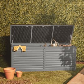 Cutie depozitare pentru exterior, cu capac si incuietoare VonHaus 2500370, din plastic, 390L, culoare gri