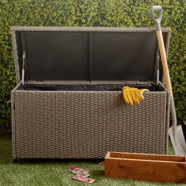 Cutie depozitare pentru exterior, VonHaus 2500309, cu 2 roti si capac, cu aspect de ratan, culoare gri