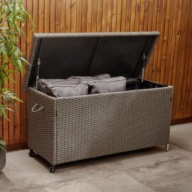 Cutie depozitare pentru exterior, VonHaus 2500309, cu 2 roti si capac, cu aspect de ratan, culoare gri