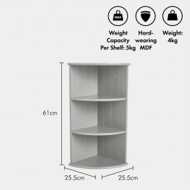 Dulap coltar suspendat pentru baie VonHaus 3000838, cu 3 rafturi pt depozitare, din MDF melaminat cu aspect de lemn, 61x25.5x25.5cm, gri