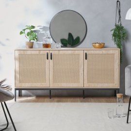 Dulap depozitare living VonHaus 3000287, cu 3 rafturi depozitare, din MDF, cu aspect de ratan, cadru si manere din metal, maro
