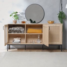 Dulap depozitare living VonHaus 3000287, cu 3 rafturi depozitare, din MDF, cu aspect de ratan, cadru si manere din metal, maro