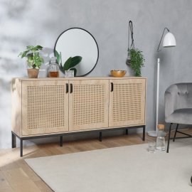 Dulap depozitare living VonHaus 3000287, cu 3 rafturi depozitare, din MDF, cu aspect de ratan, cadru si manere din metal, maro